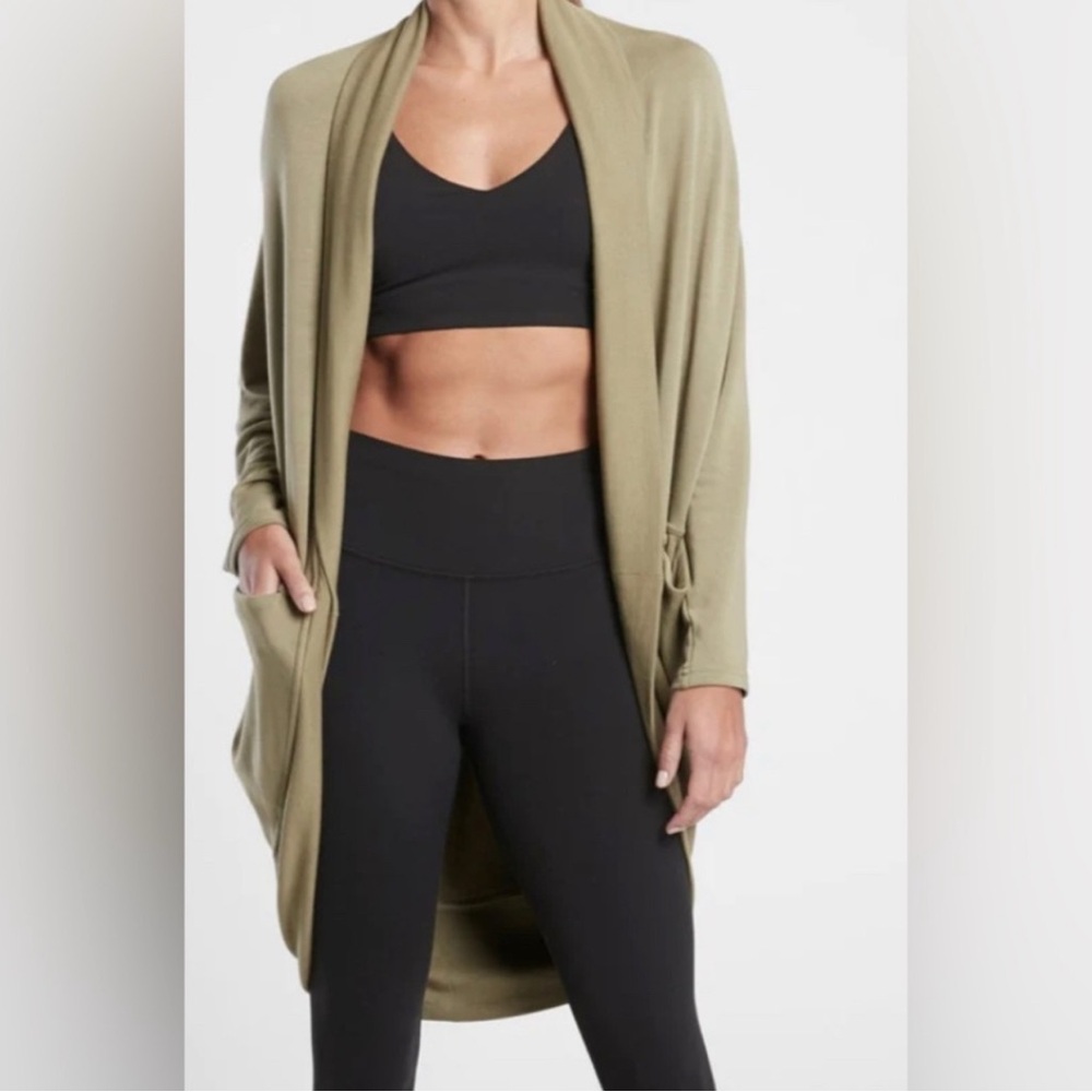 ATHLETA ETHEREAL COCOON WRAP OPEN CARDIGAN SWEATER Shadow Olive Size L/XL